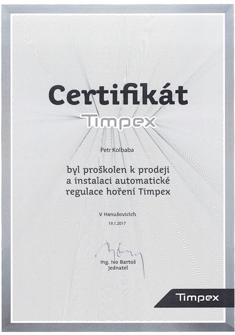 Certifikát Timpex za proškolení k prodeji a instalaci automatické regulace hoření Timpex